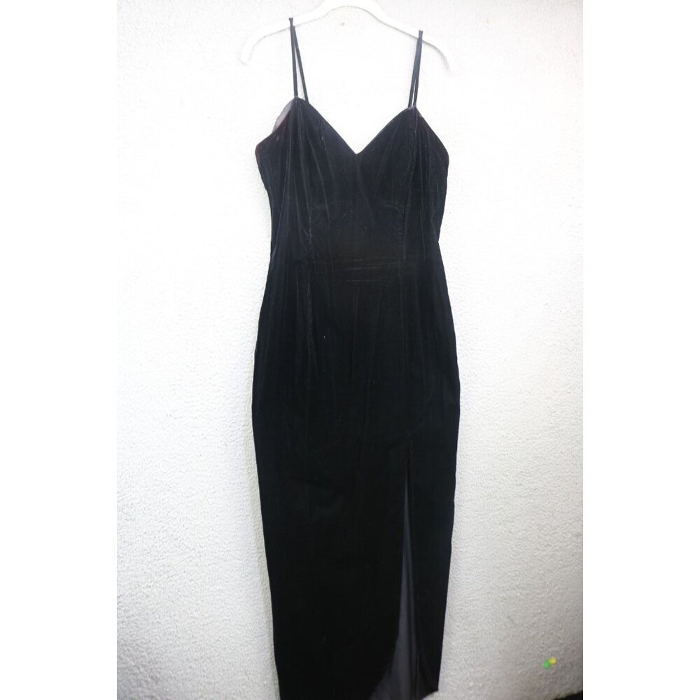 Roberta Vintage Black Velvet Slip Dress-Front Slit-Size 13/14-Goth-Witchy